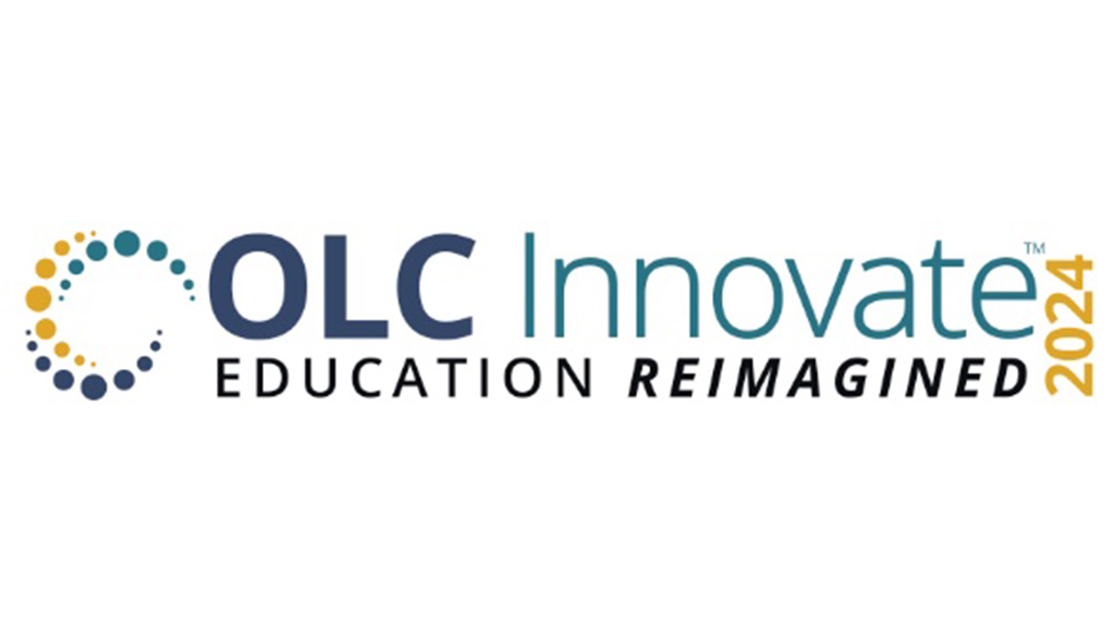 Swirly graphic on left with the words OLC Innovate 2024 Education Reimagined
