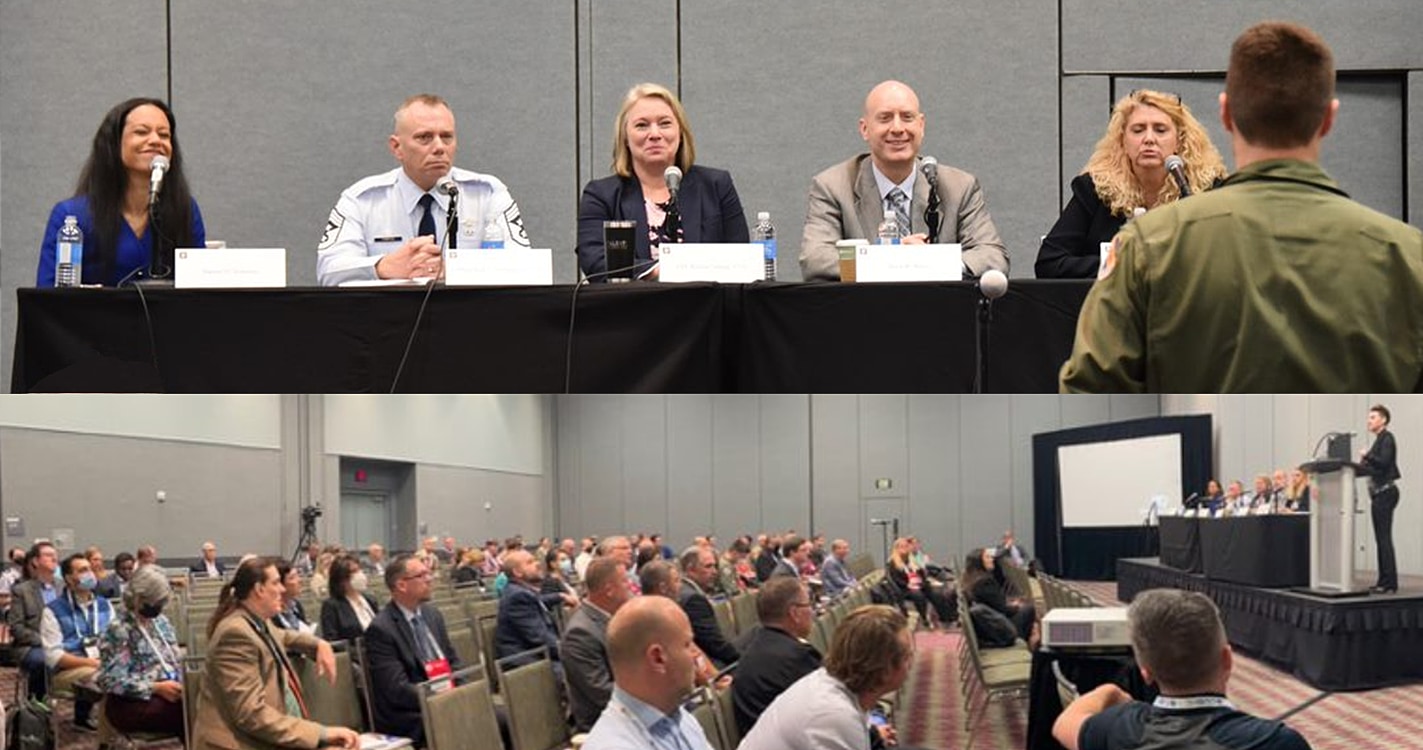 Two photos: a close-up of the panel participants, and a view of the conference room with attendees and moderator